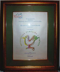 Zdjęcie przedstawia wyróżnienie dla Katarzyny Pierwienis w konkursie POT oprawione masywną w drewnianą ramę